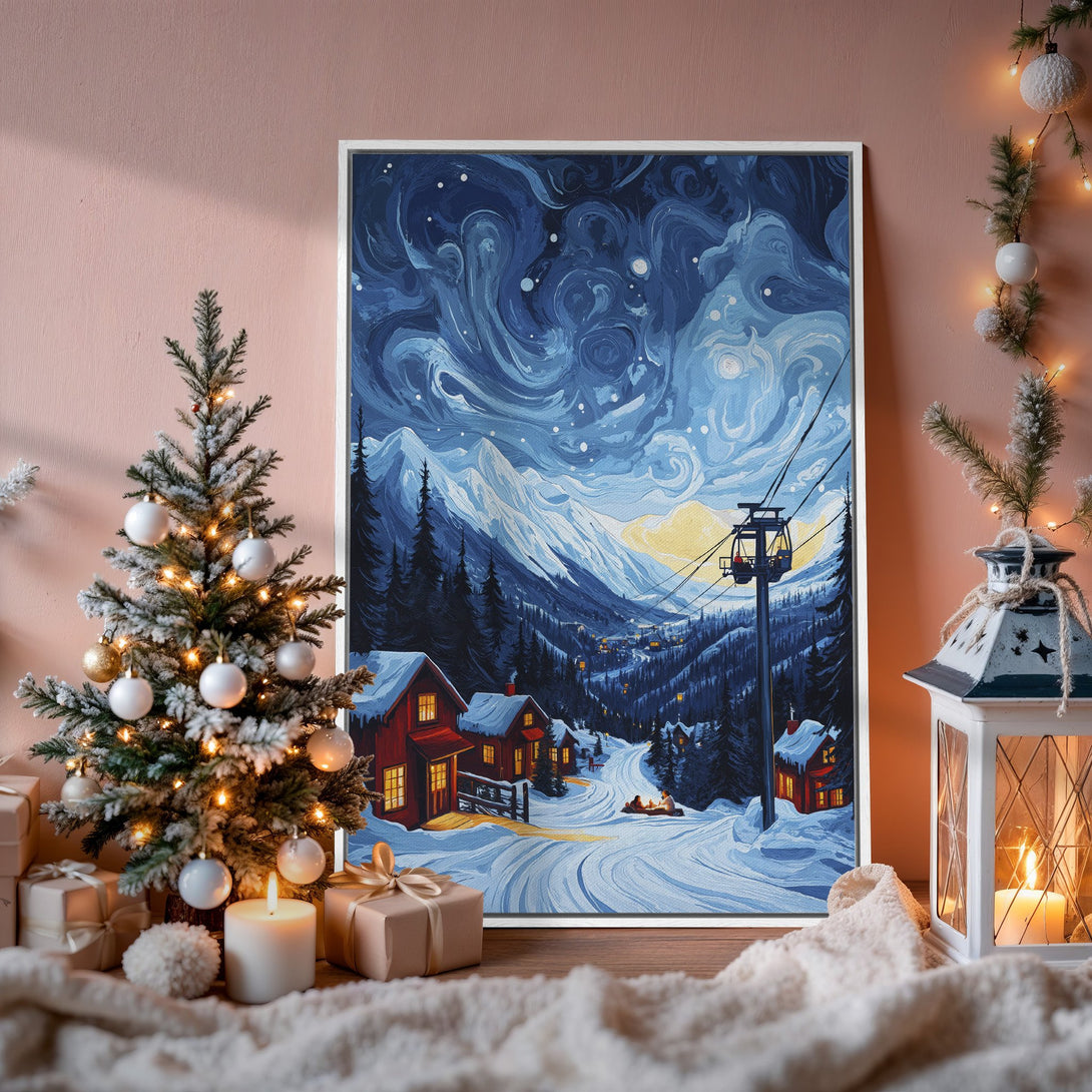 Framed Wall Art: Winter landscape Canvas Print with a snowy village scene in a blue and white color palette, perfect for holiday decor.