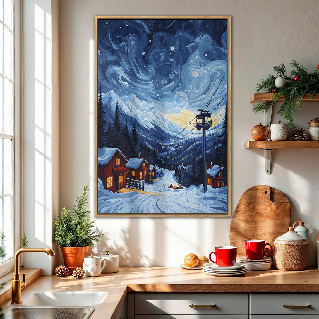 Framed Wall Art: Winter landscape Canvas Print in blue and red tones. Cozy cabin scene with snowy mountains, perfect for adding warmth to any room.