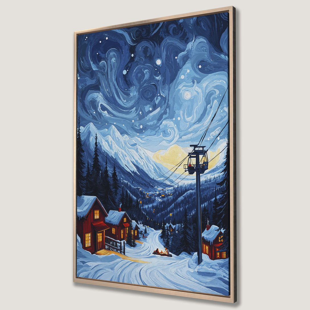 Framed Wall Art: Winter landscape Canvas Print with snowy mountains, cabins, and ski lift. Blue and white color palette evokes a cozy, serene winter scene.