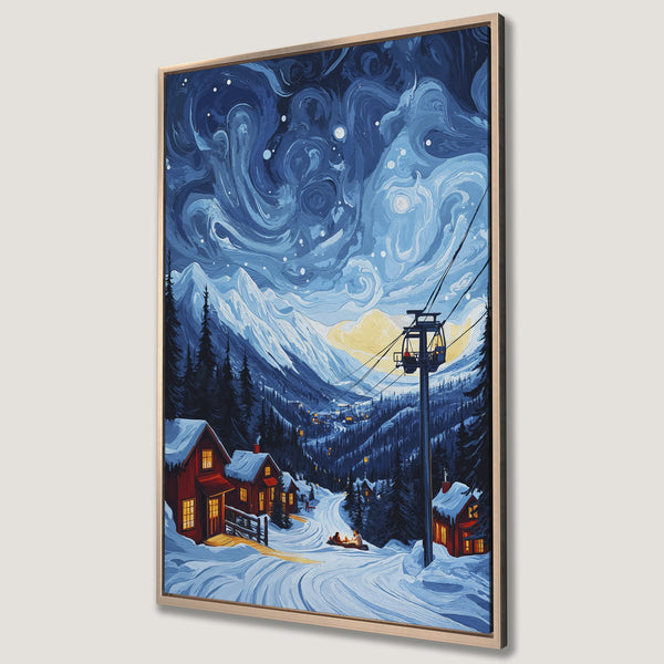 Framed Wall Art: Winter landscape Canvas Print with snowy mountains, cabins, and ski lift. Blue and white color palette evokes a cozy, serene winter scene.