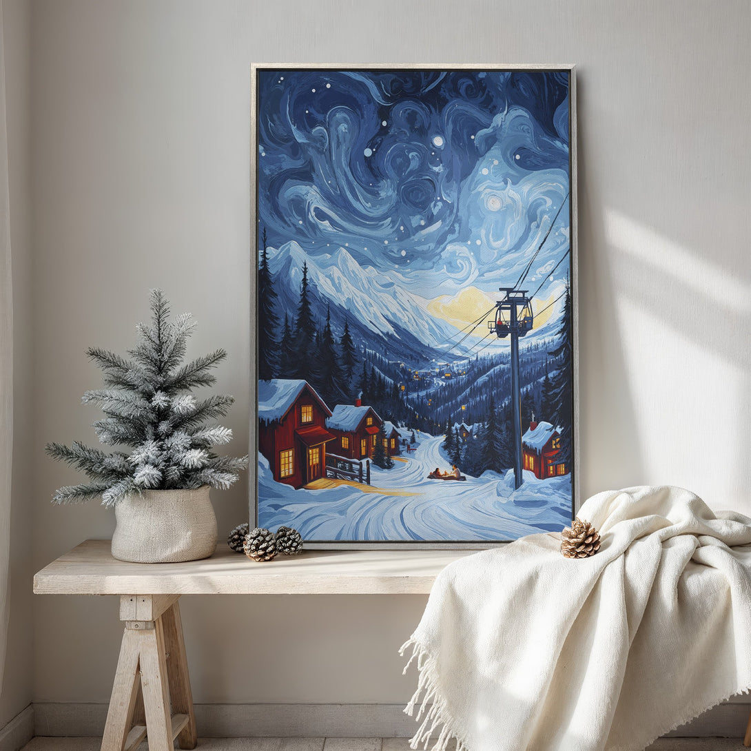 Framed Wall Art: Winter ski resort scene in blue and red hues. Stylish canvas print of a snowy mountain landscape, perfect for cozy home decor.