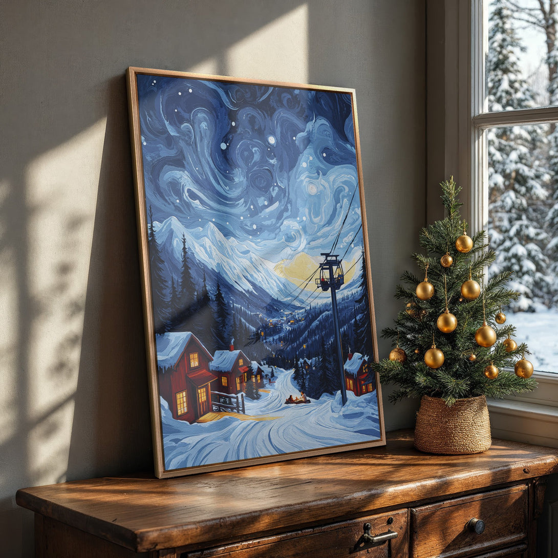 Framed Wall Art of a winter ski village scene in blue and white, perfect for cozy home decor. Add a touch of winter wonderland to your space!