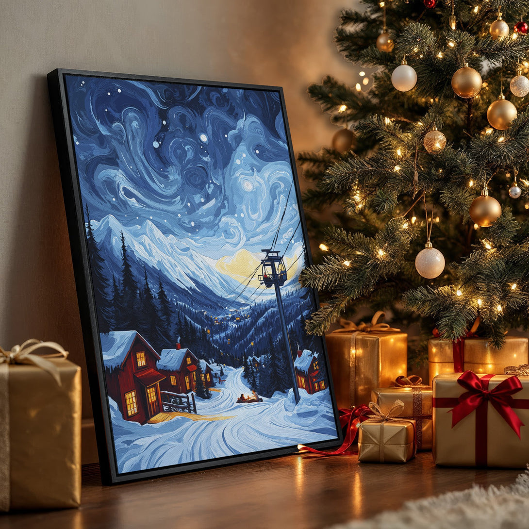 Framed Wall Art of a snowy mountain village in a winter scene. Blue and white color palette, perfect for holiday decor.