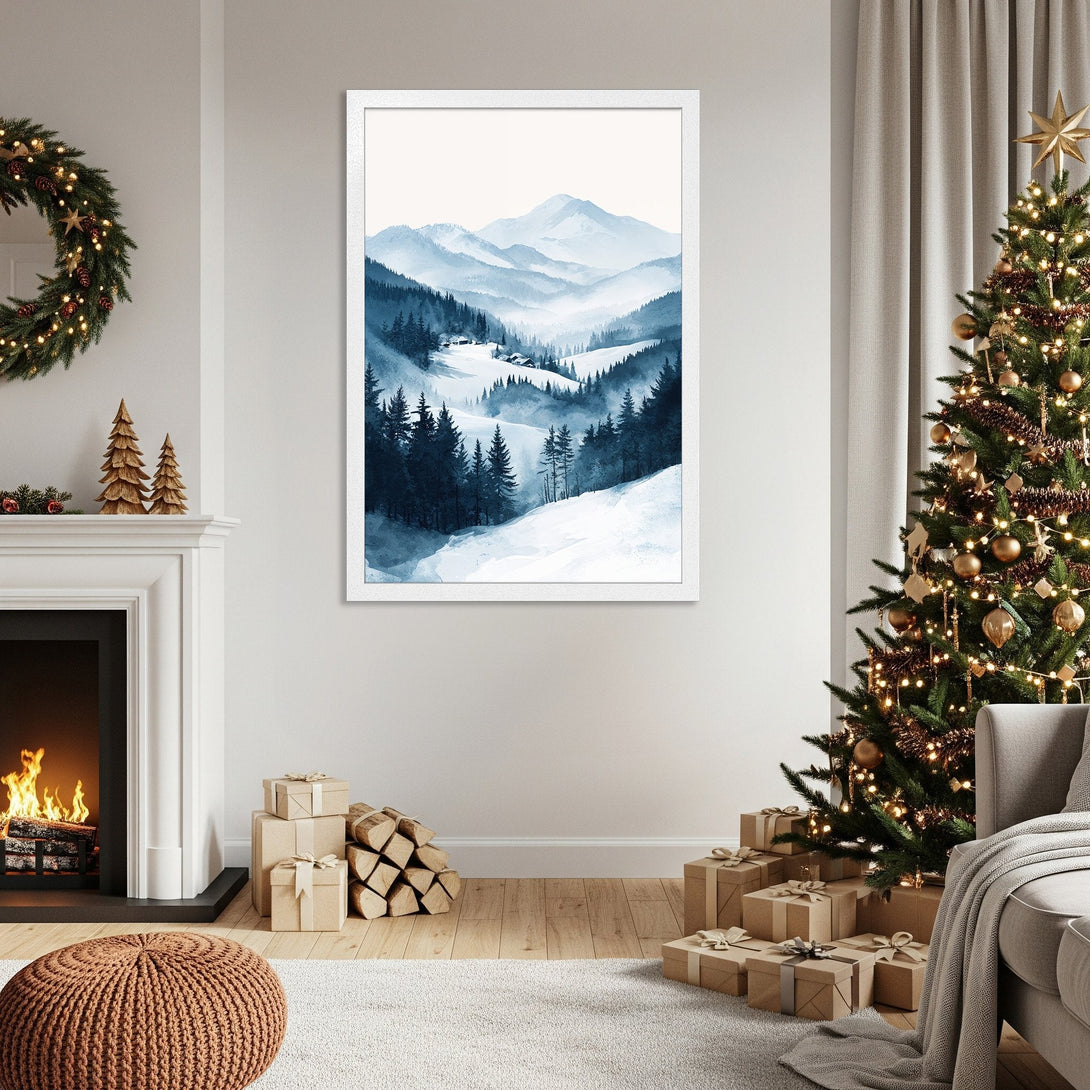 Framed Poster of a winter landscape in watercolor style, blue and white color palette, perfect for home decor.