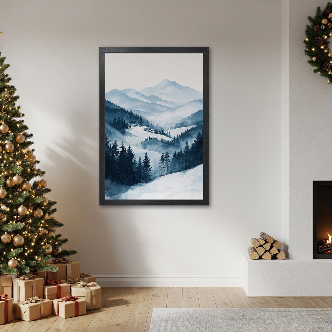 Framed Poster of a winter mountain landscape in watercolor style, blue and white color palette, perfect for home decor.