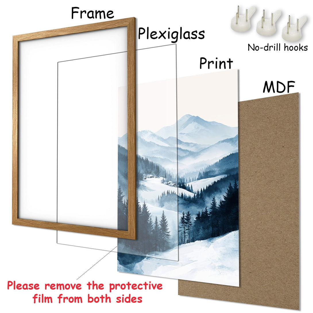 Framed Poster featuring a serene watercolor mountain landscape in a cool blue palette. Enhance your decor with this art print!