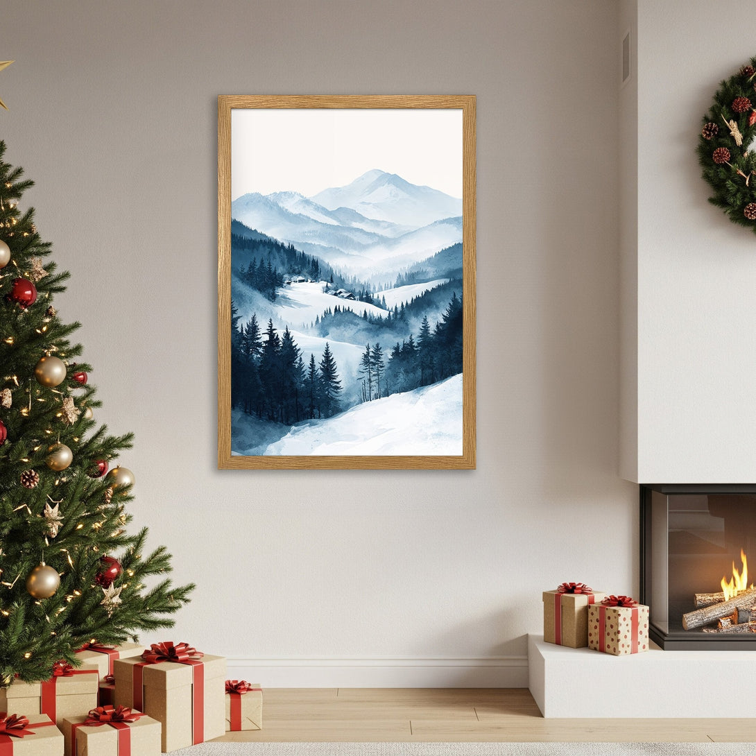Framed Poster of a watercolor mountain landscape in blue tones. Perfect wall art for a cozy home.