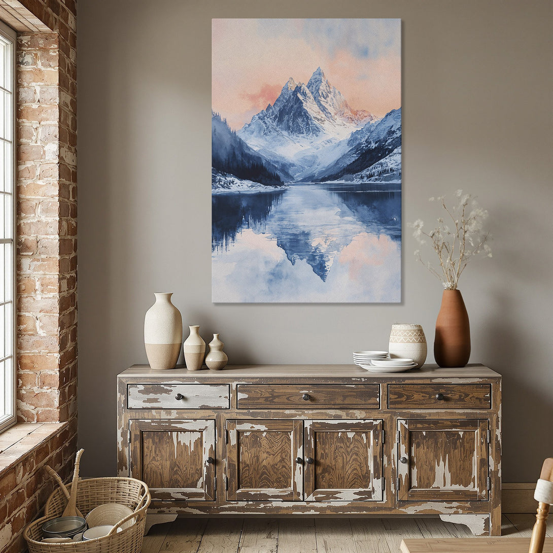 Framed Wall Art featuring a serene mountain lake scene in blue and pink hues. Perfect for adding a touch of nature to your home decor.