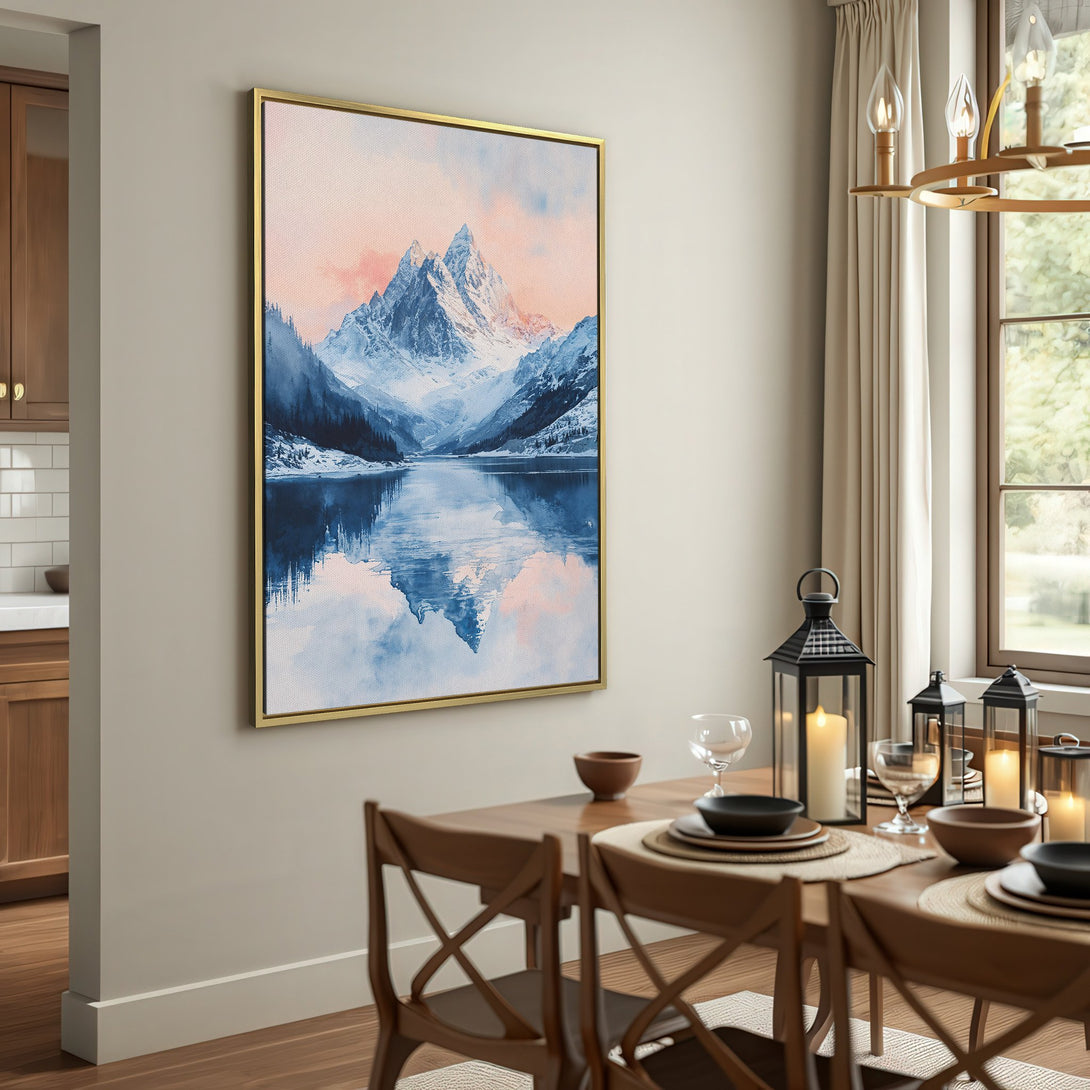 Canvas Print of a serene mountain lake scene in blue and pink watercolor style, perfect for adding a calming touch to your home.