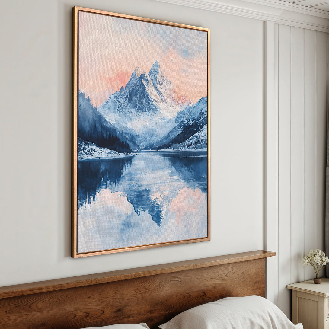 Framed Wall Art featuring a serene mountain landscape in blue and pink hues. Bring nature's beauty indoors with this stunning canvas print!