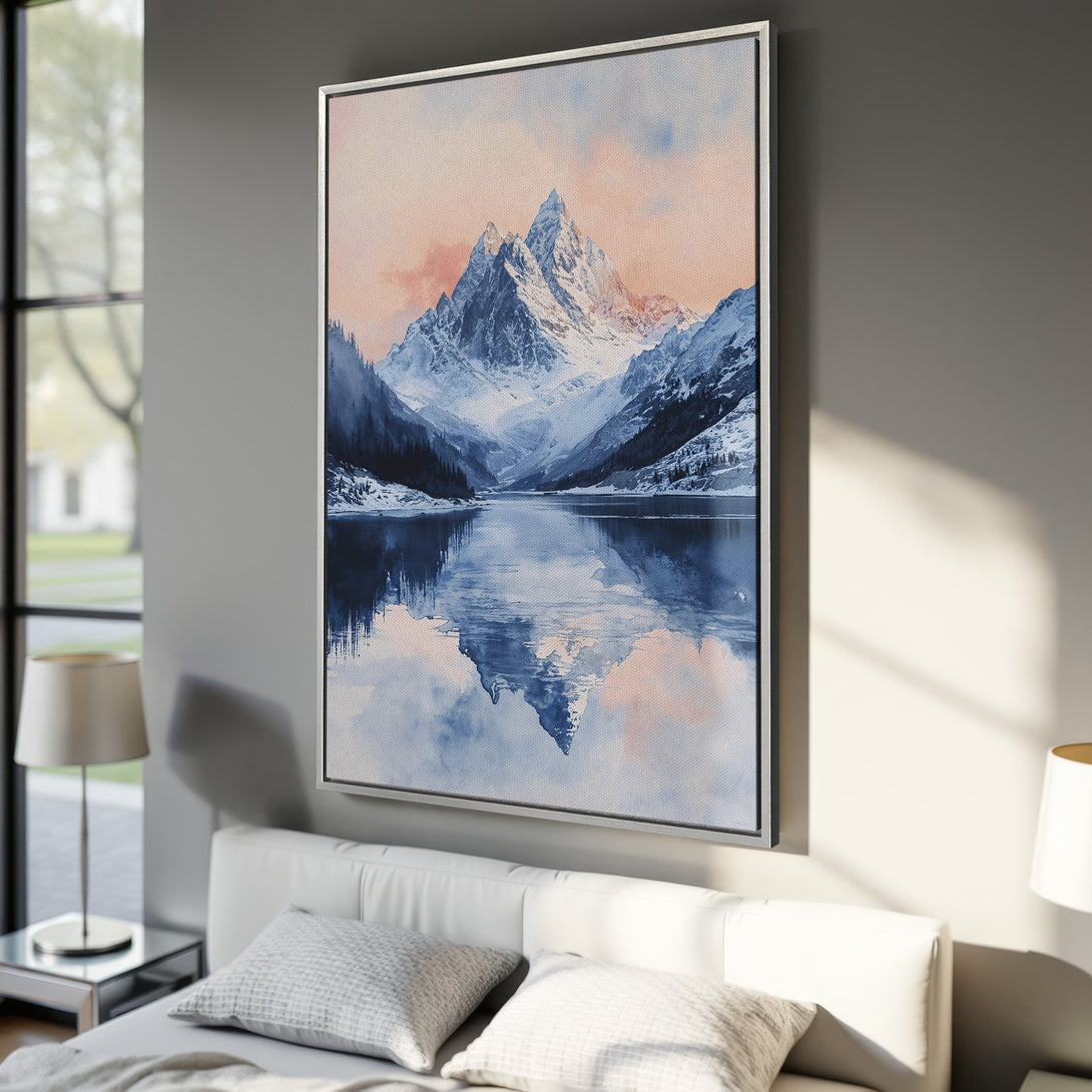 Framed Wall Art: Watercolor mountain landscape in blue and pink hues. Enhance your space with this stunning canvas print!