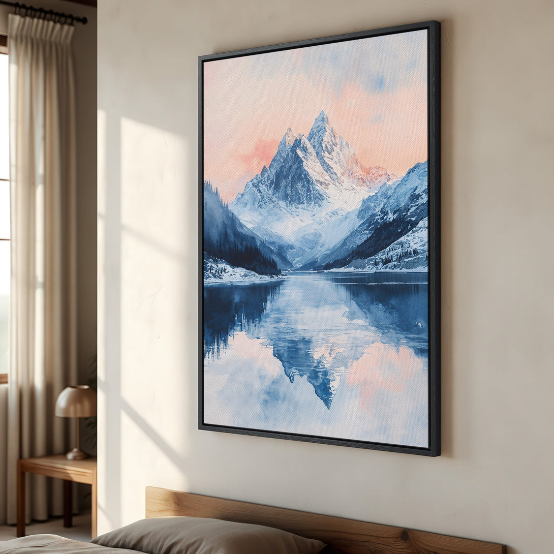 Framed Wall Art Canvas Print: Stunning mountain lake landscape in blue & pink watercolor style. Perfect for adding a touch of nature to your home decor.
