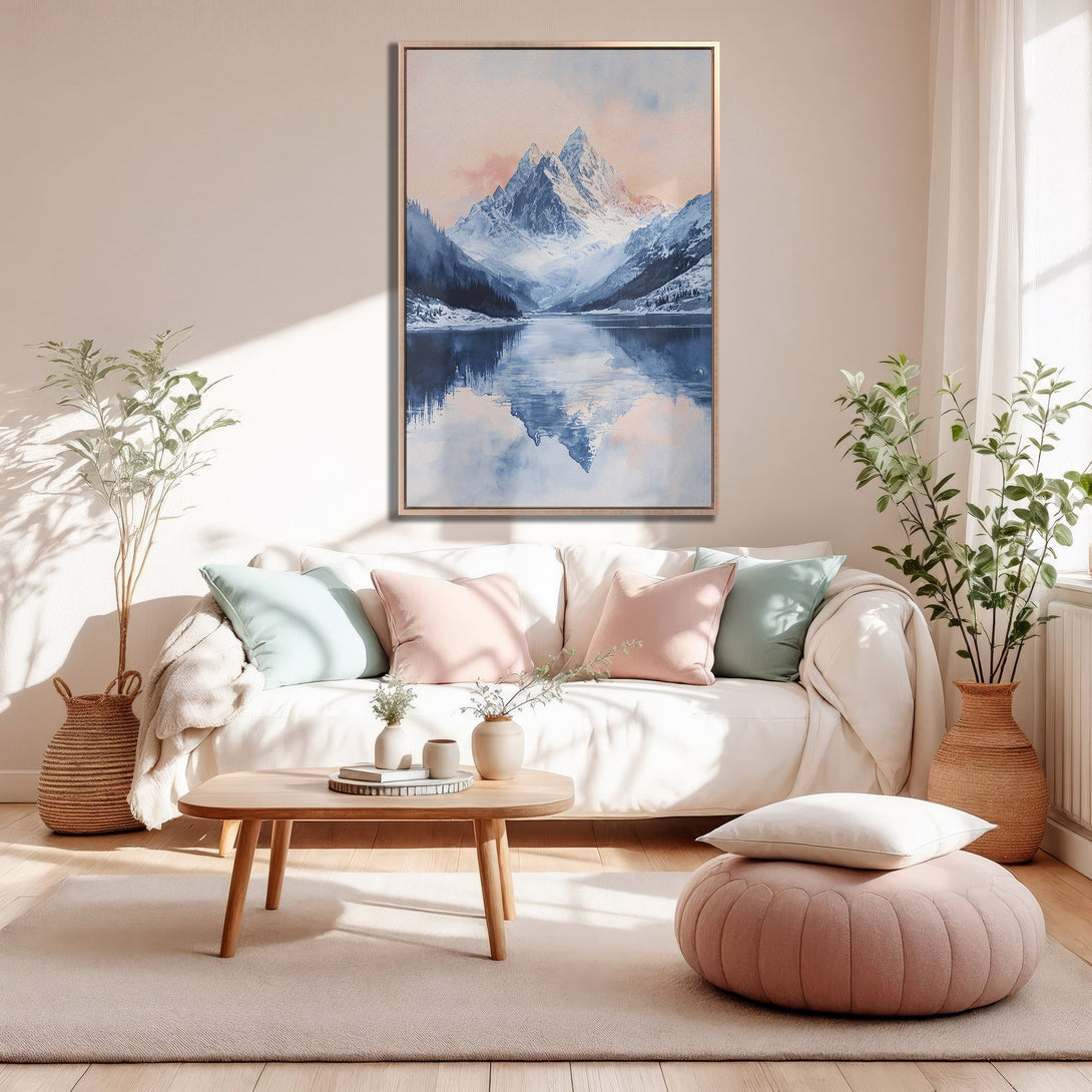 Framed Wall Art: Serene mountain landscape Canvas Print in soft blue & pink hues. Perfect for adding a touch of nature-inspired tranquility to your living room.