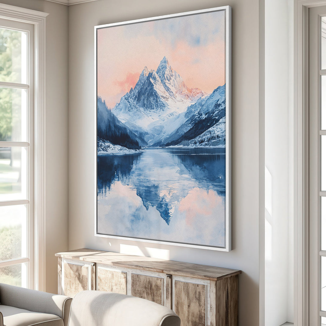 Framed Wall Art of a stunning mountain landscape in blue and pink hues. Perfect for adding a touch of serenity to any room. Shop now!