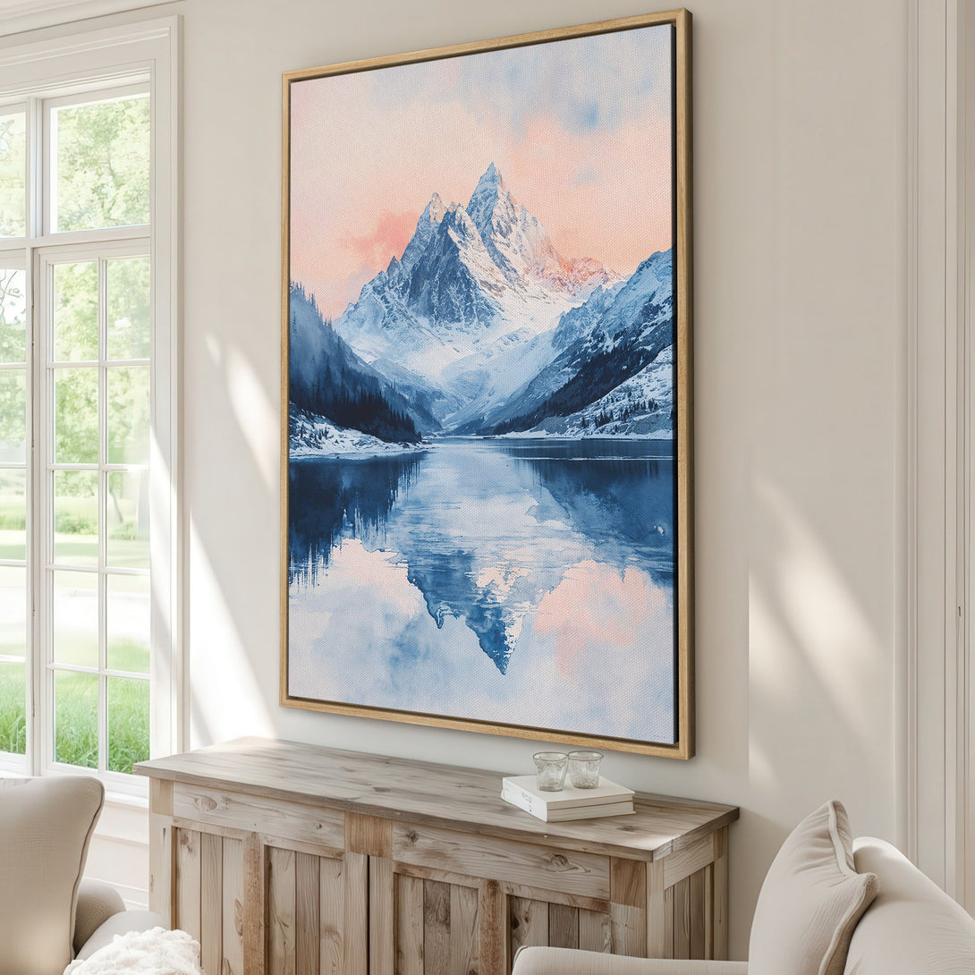Framed Wall Art: Stunning mountain landscape Canvas Print in blue and pink hues. Perfect for adding a touch of nature-inspired art to your home decor.