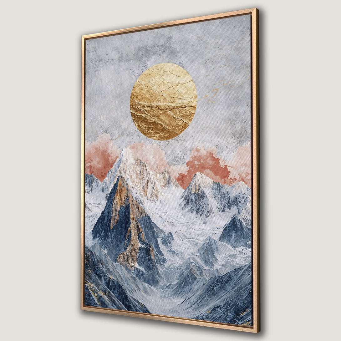 Framed Wall Art: Abstract mountain landscape with gold sun. Modern art print in blue, gold, and blush tones. Elevate your space with this stunning canvas.
