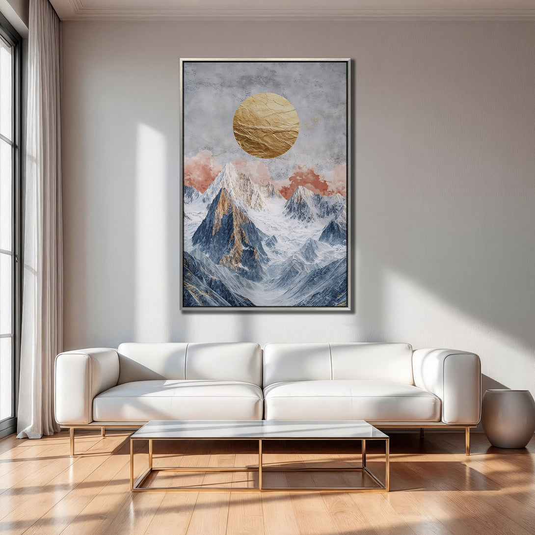 Framed Wall Art featuring a mountain landscape with a gold sun, abstract style, in a gray, blue, and gold color palette. Perfect for modern interiors.