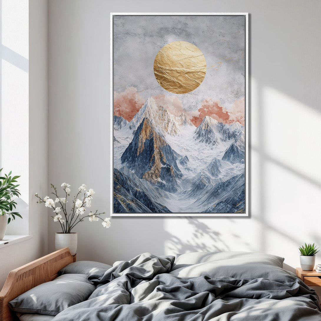Framed Wall Art: Abstract mountain landscape with a golden sun, in a muted blue, gray, and gold color palette. Perfect for modern home decor.