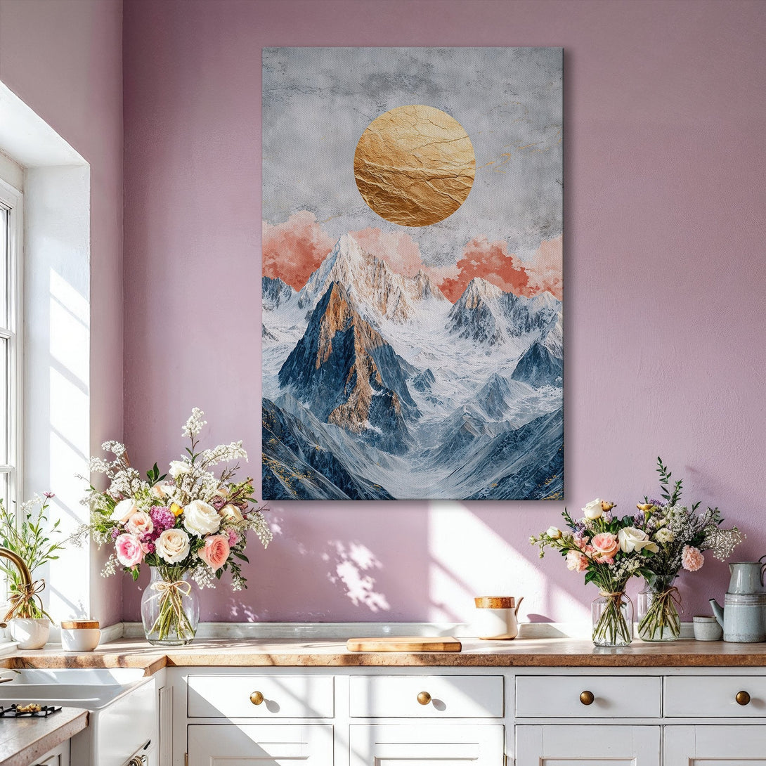 Framed Wall Art: Abstract mountain landscape in blue, gold, and pink hues. Modern canvas print adds a touch of elegance to any interior.