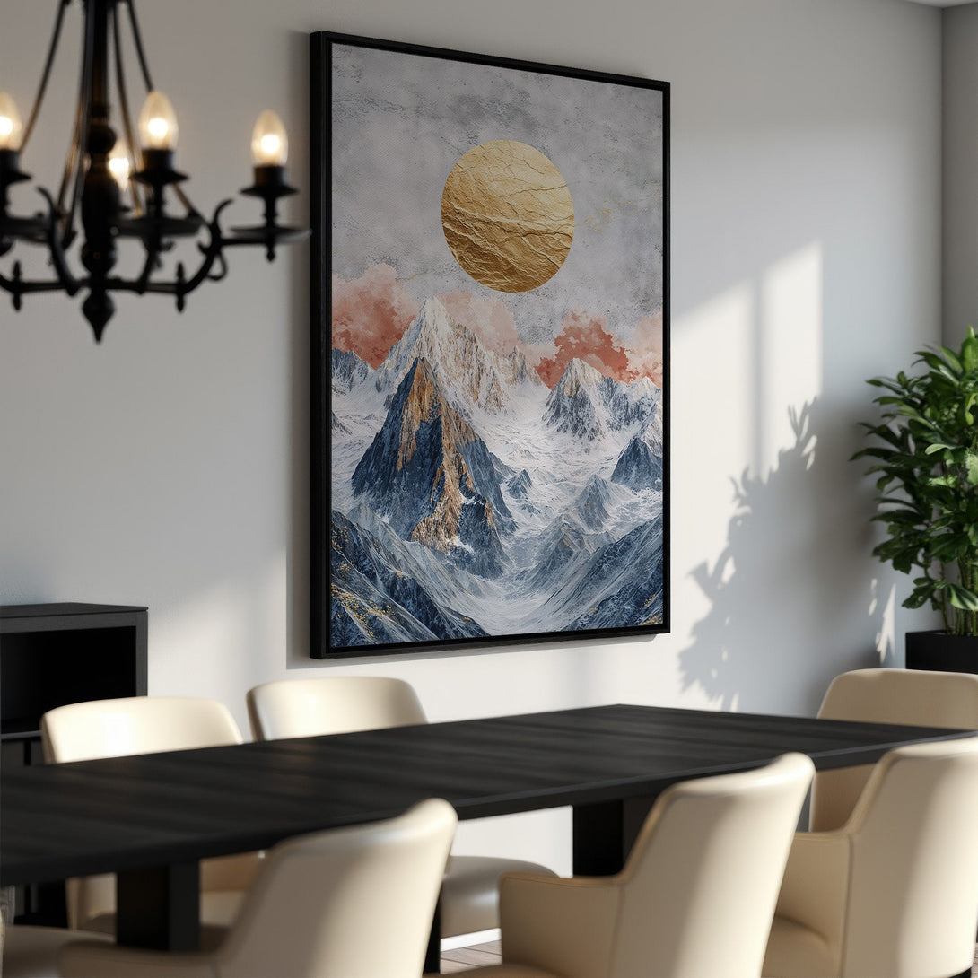 Framed Wall Art: Abstract mountain landscape Canvas Print with gold and blue tones. Modern art for dining room decor.