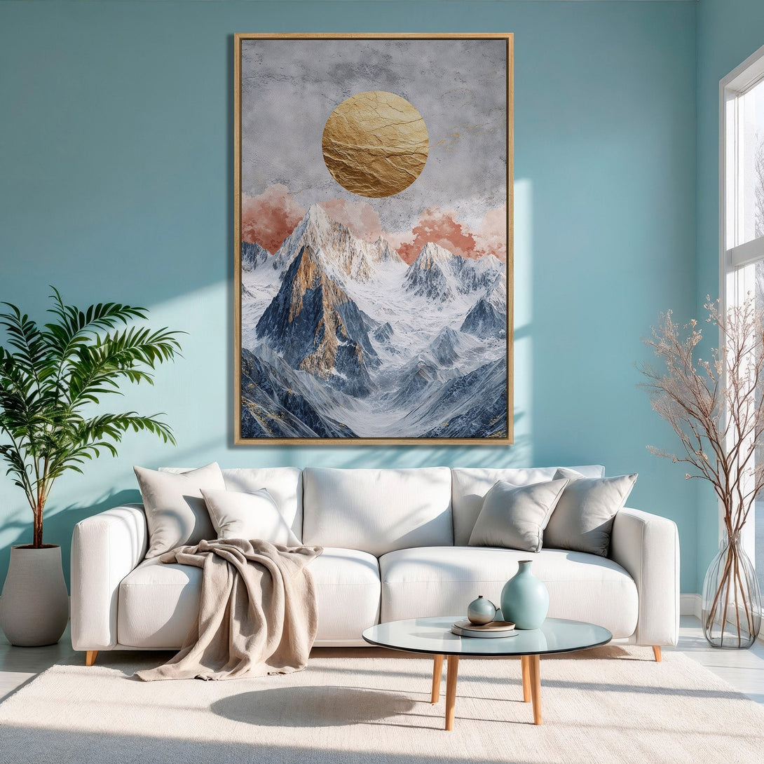 Framed Wall Art: Abstract mountain landscape in gold, gray, and blue. Modern Canvas Print adds serene style to any room. Shop now!