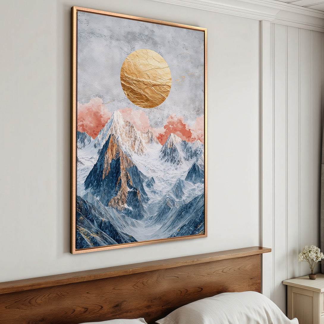 Framed Wall Art: Abstract mountain landscape with gold sun, blue & white mountains, and pink clouds. Modern art for a stylish home interior.