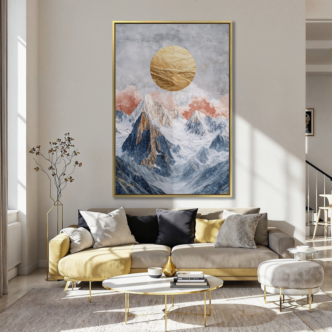Canvas Print of a mountain landscape with a gold sun, in a modern style. Features a cool blue and warm gold color palette.