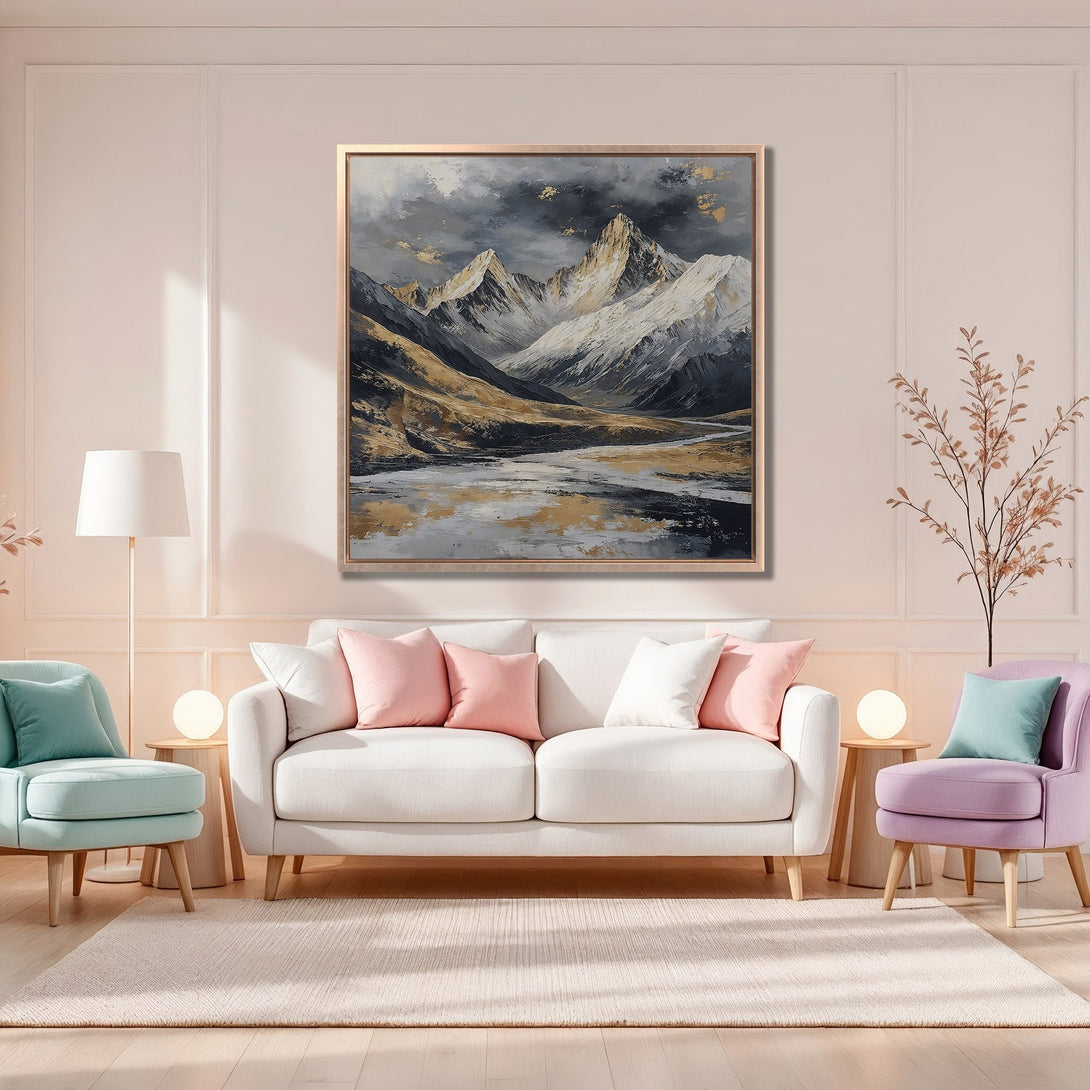 Framed Wall Art: Mountain landscape canvas print in neutral tones, perfect for living room decor. Features gold, gray, and white palette, adding a touch of elegance.
