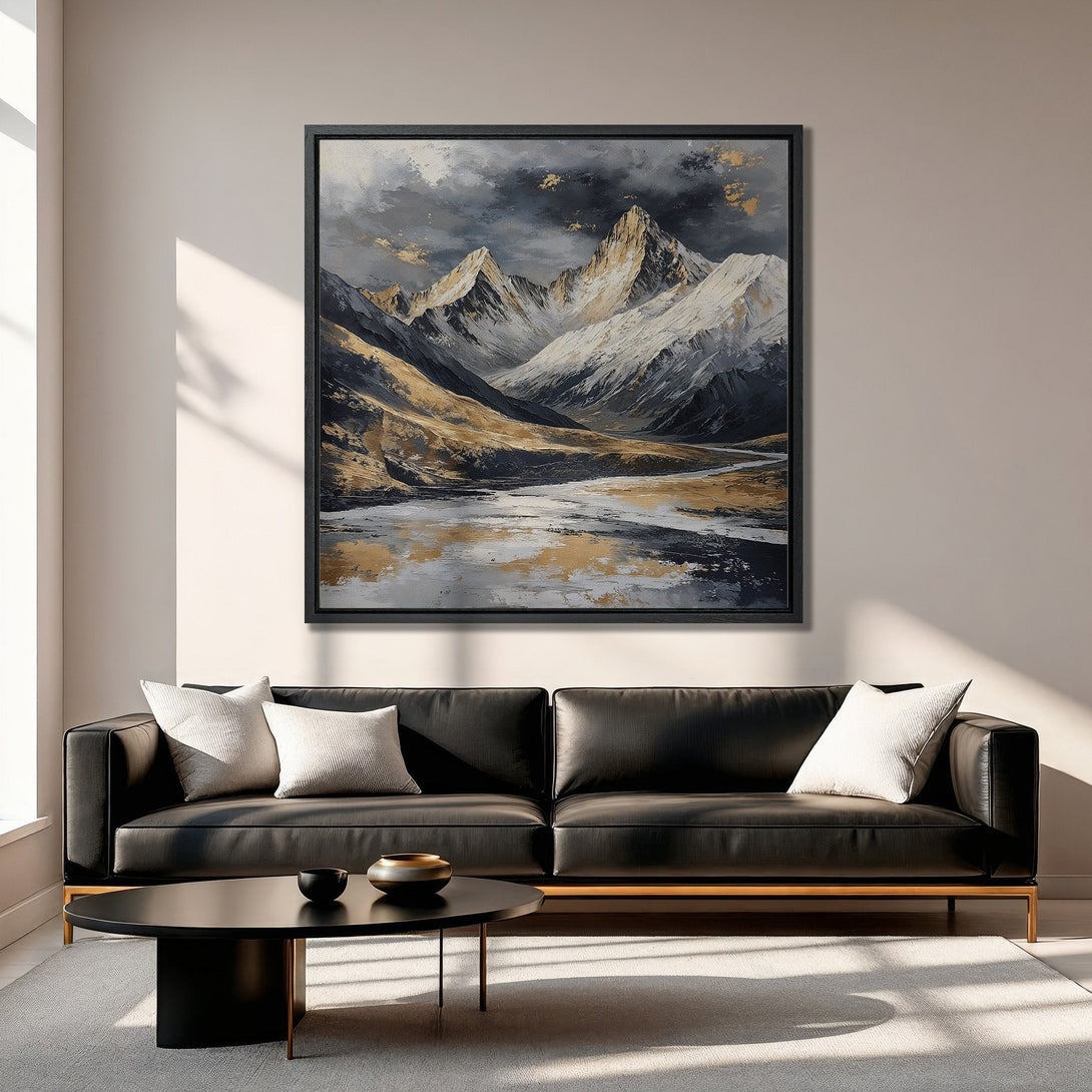 Framed Wall Art: Majestic mountain landscape Canvas Print in gold, gray, and white tones. Modern art for living room decor. Elevate your space!