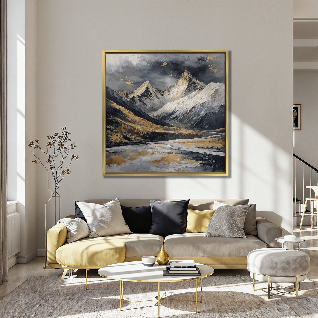Canvas Print of a mountain landscape in a moody color palette of gold, gray, and white. Adds a touch of elegance to any interior.