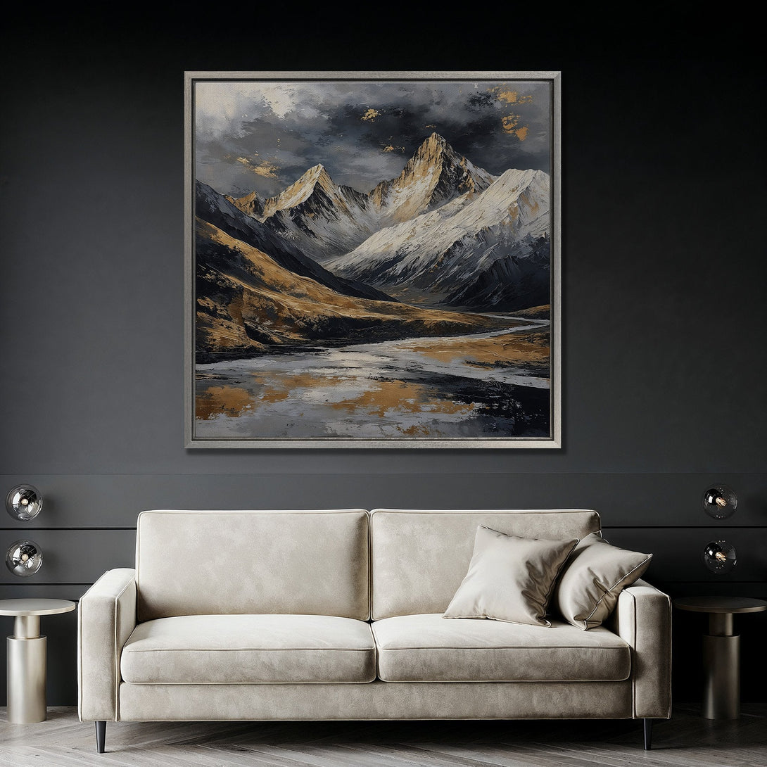 Framed Wall Art: Mountain landscape canvas print with a moody, gold and gray color palette. Modern art for living room decor.