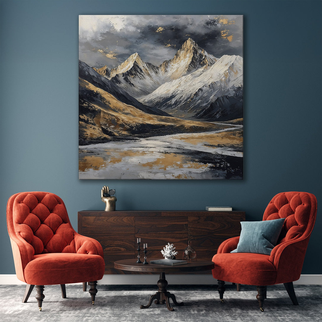 Framed Wall Art: Stunning mountain landscape canvas print with gold, gray, and white tones. Perfect for modern home decor.