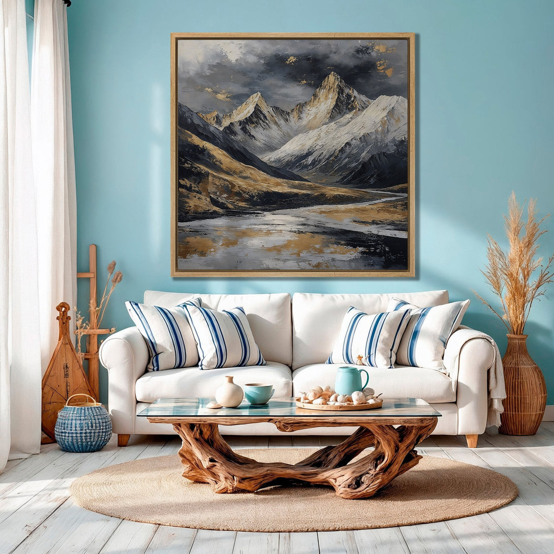 Framed Wall Art: Majestic mountain landscape Canvas Print in neutral tones. Perfect for adding a touch of nature-inspired art to your home decor.