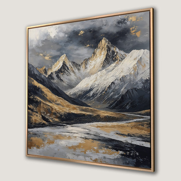 Framed Wall Art: Majestic mountain landscape art print in a gold, gray, and brown palette. Elevate your space with this stunning canvas print.