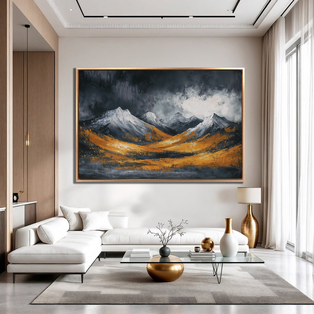 Framed Wall Art: Abstract mountain landscape in gold, gray, and white. Modern art canvas print adds a touch of elegance to any interior.