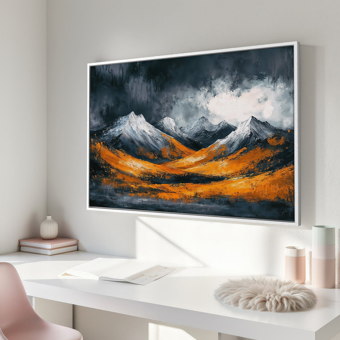 Framed Wall Art: Abstract mountain landscape in orange, gray, and white. Modern art for your home decor.