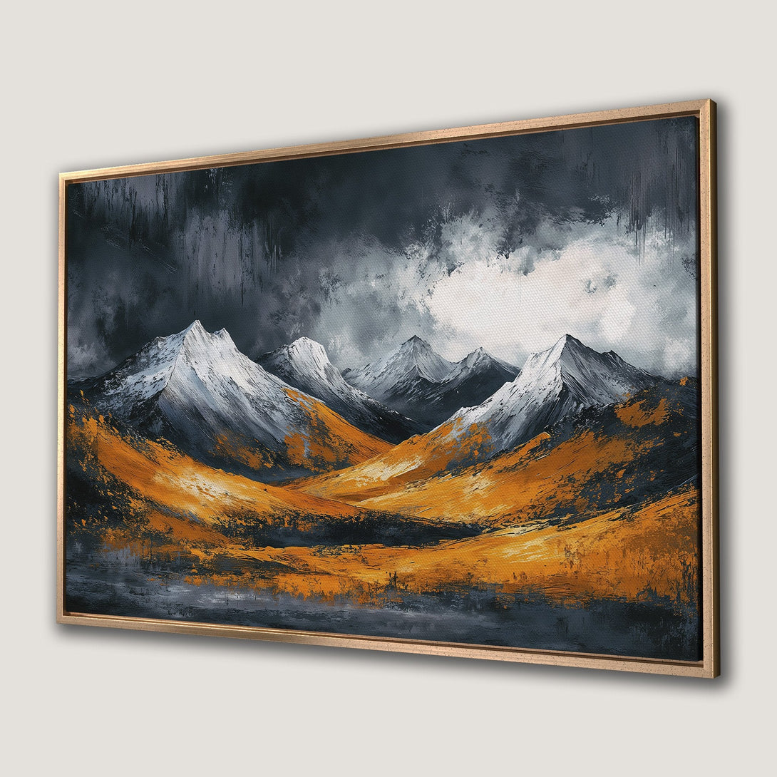 Framed Wall Art: Abstract mountain landscape in moody tones of black, white, and gold. Add a touch of nature to your home decor.