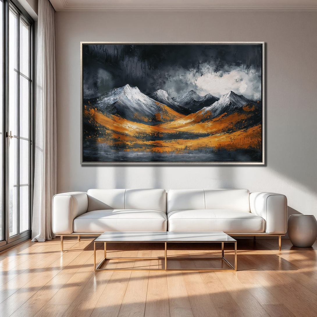Framed Wall Art: Abstract mountain landscape canvas print with orange, black, and white color palette. Modern art for living room decor.