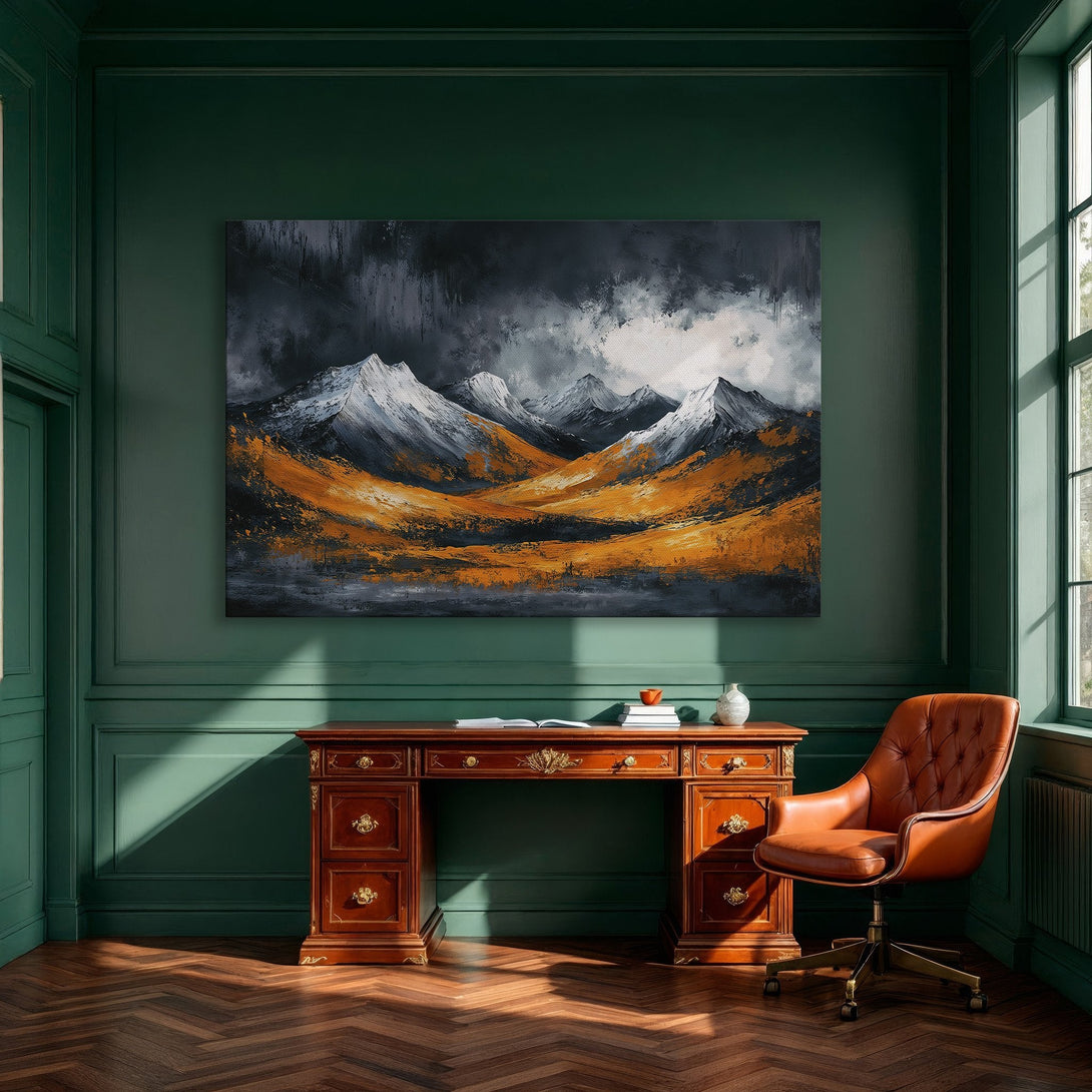 Framed Wall Art: Abstract mountain landscape canvas print in a modern dining room. Features a dramatic orange, black, and white color palette.