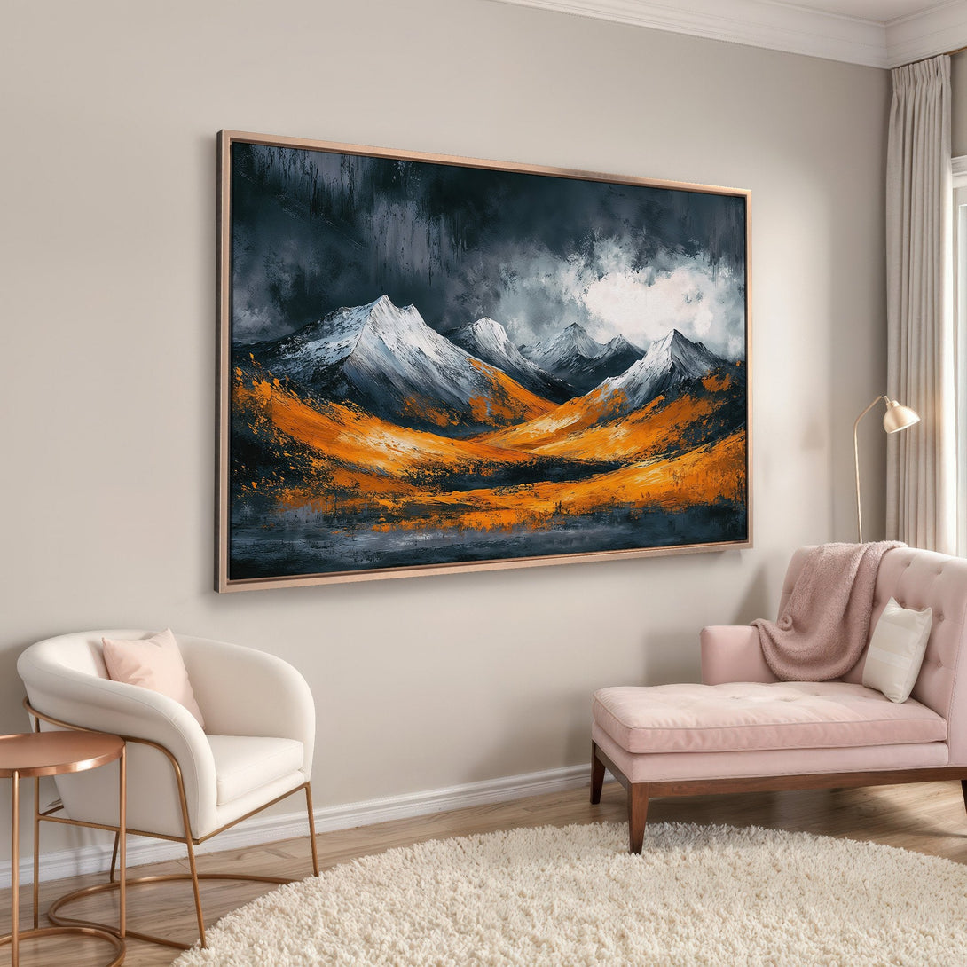 Framed Wall Art: Abstract mountain landscape in moody blues, grays, and fiery orange. Modern art Canvas Print adds warmth and style to any interior.