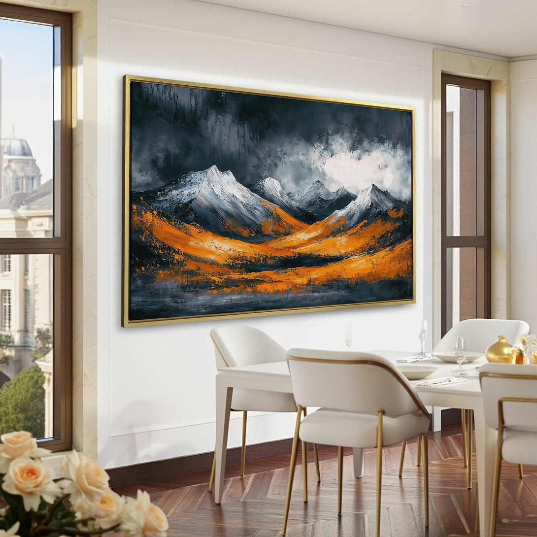 Canvas Print of a mountain landscape in a modern style, featuring a palette of black, white, and gold, perfect for home decor.