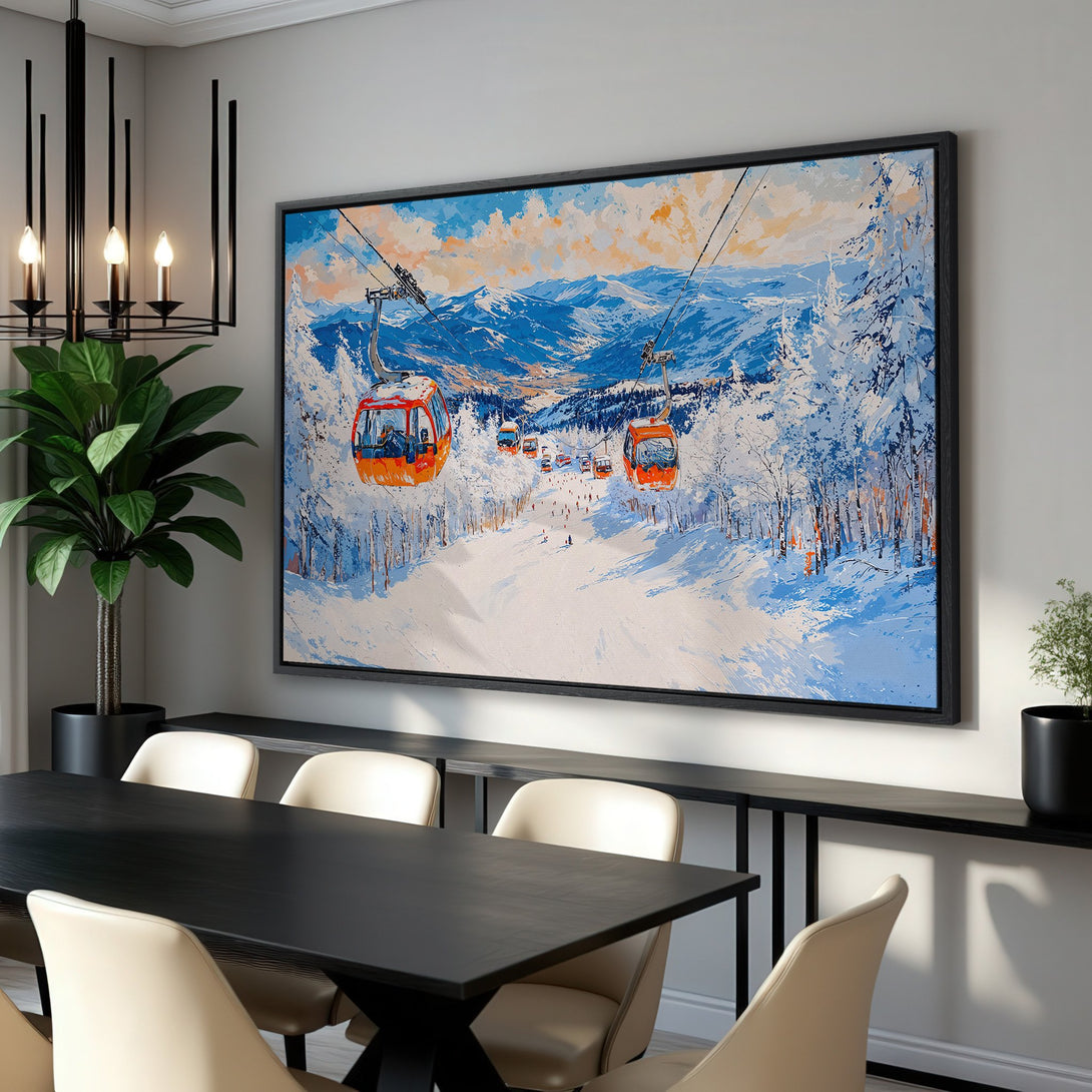 Framed Wall Art: Ski lift canvas print in a modern interior. Features a snowy mountain scene with a blue, orange, and white color palette. Perfect for home decor.