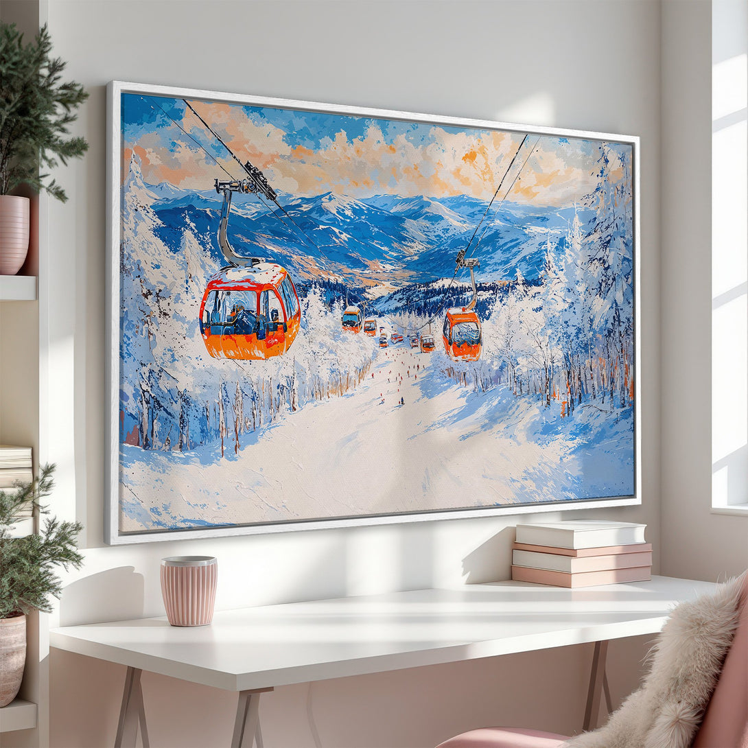 Framed Wall Art: Stunning ski resort scene canvas print in blue, orange, and white. Perfect for adding a touch of winter charm to your home decor.