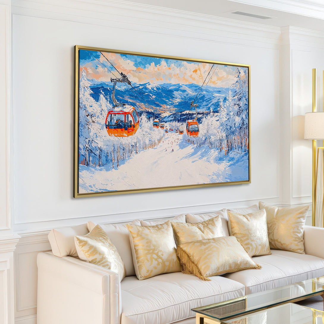 Canvas Print of a snowy ski resort scene with vibrant blue, white, and orange hues. Perfect for adding a touch of winter charm to your home decor.