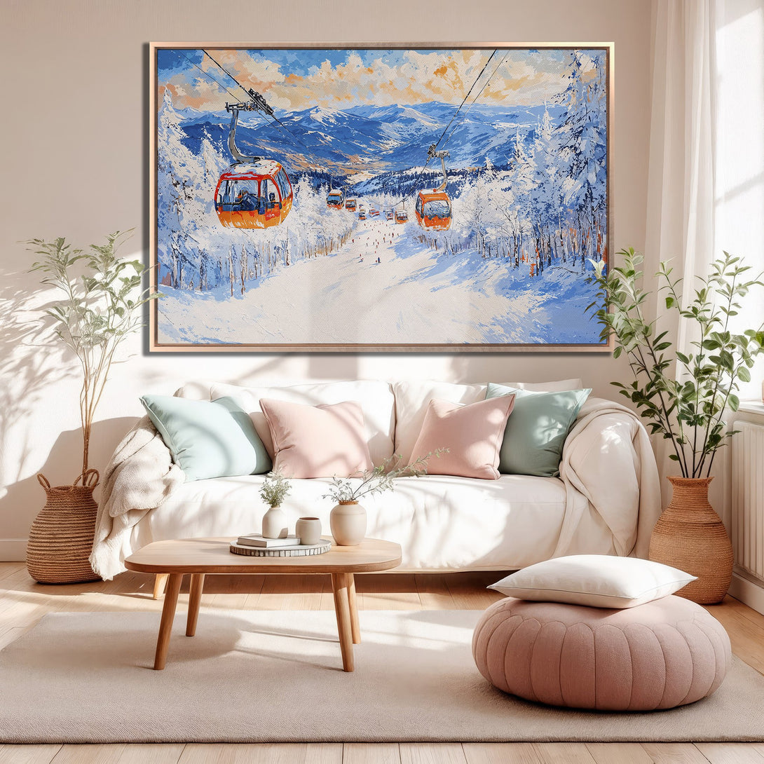 Framed Wall Art: Winter ski scene canvas print with orange gondolas, snowy mountains, and blue & white palette. Perfect for adding a touch of nature to your home.