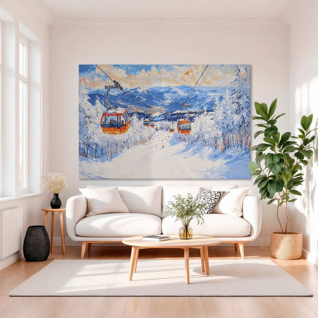 Framed Wall Art: Ski resort scene canvas print with vibrant blue, orange, and white colors. Perfect for adding a touch of winter charm to your home decor.