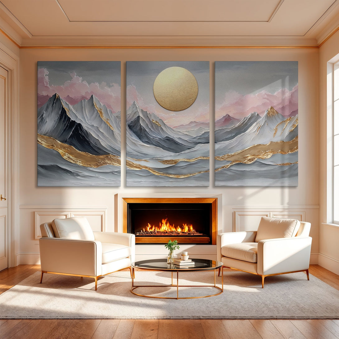 Abstract Canvas Print of mountains in gray, gold, and pink tones, enhancing any living room. Modern wall art decor.