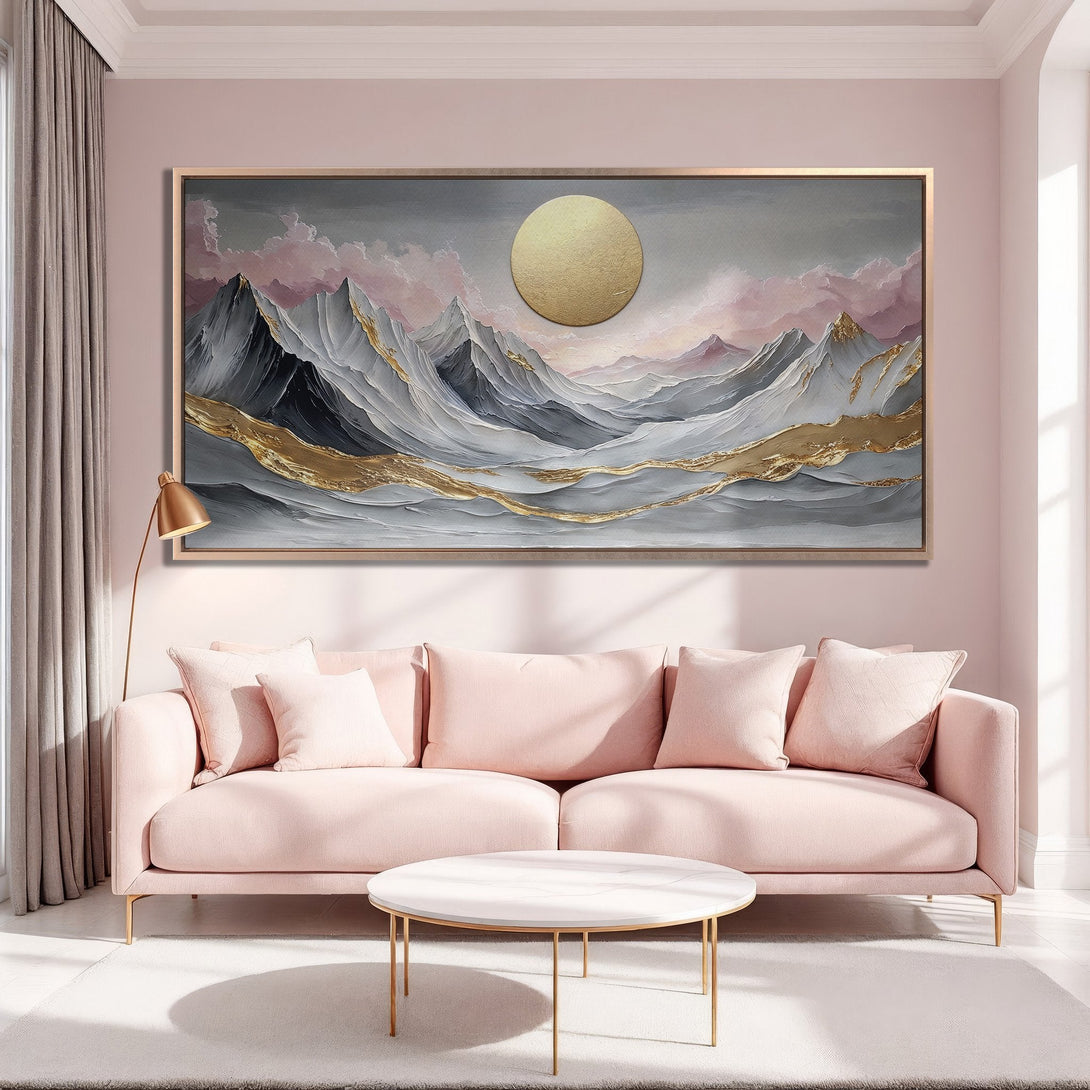 Framed Wall Art: Abstract mountain landscape Canvas Print in gray, gold, and pink. Modern art for a stylish interior.