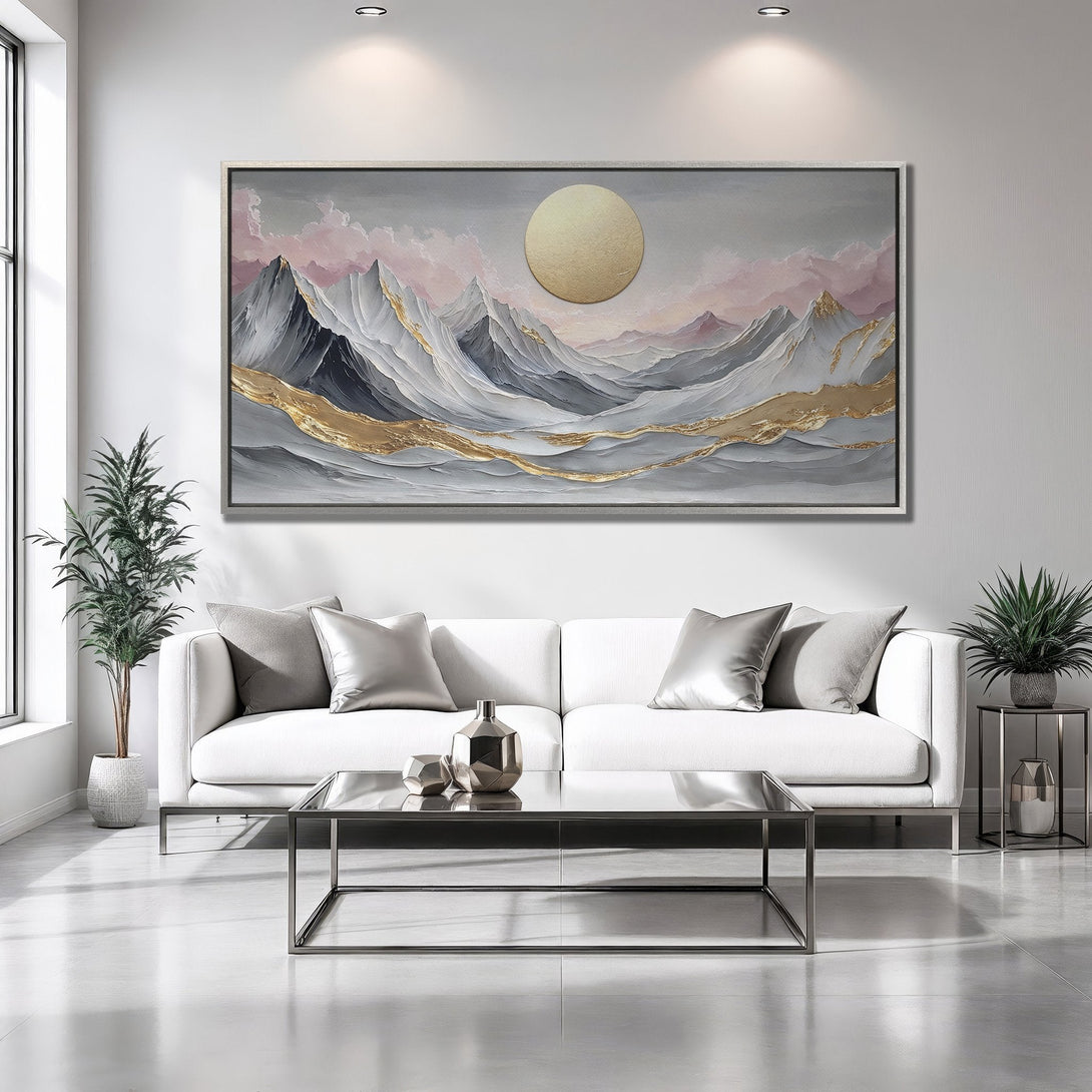 Framed Wall Art: Abstract mountain landscape in gray, gold, and pink. Modern art canvas print adds elegance to any interior.