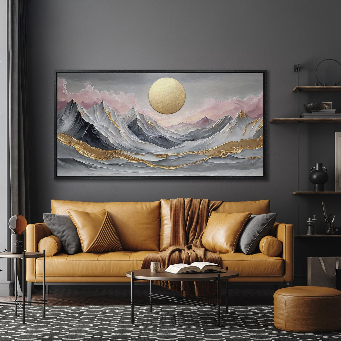 Framed Wall Art: Abstract mountain landscape in gray, gold, and pink. Modern Canvas Print adds elegance to any living room. Shop now for stylish home decor!